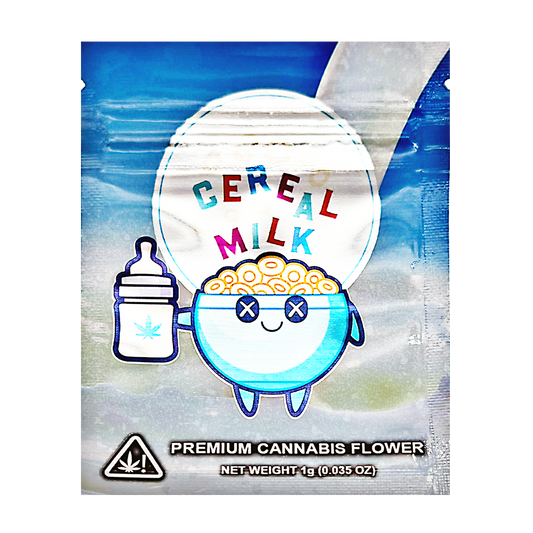 Mylar Bag herb product packaging with cartoon character and text 'Cereal Milk' on a blue and white background.