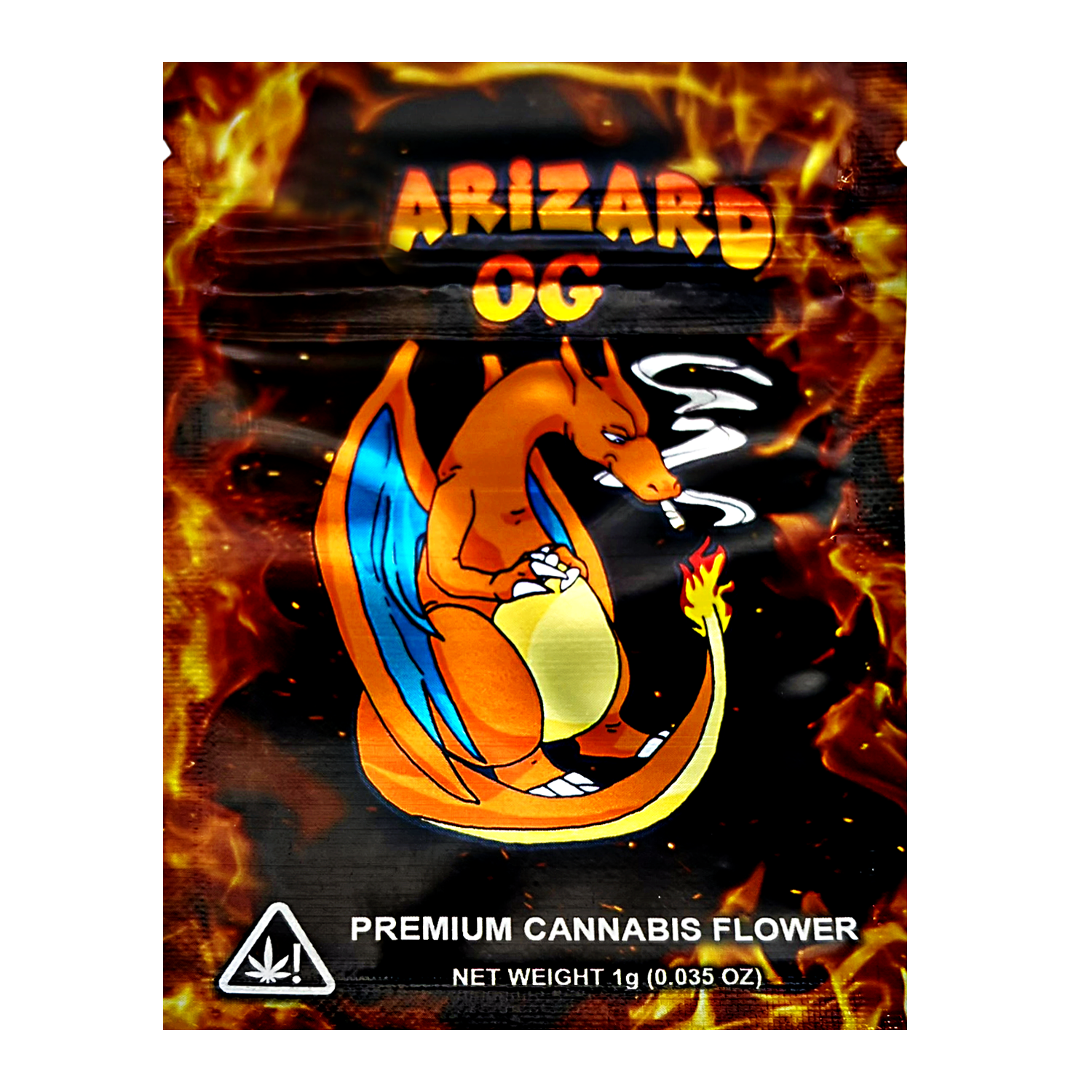 Mylar Bag herb packaging with a dragon design and 'Arizard OG' branding.