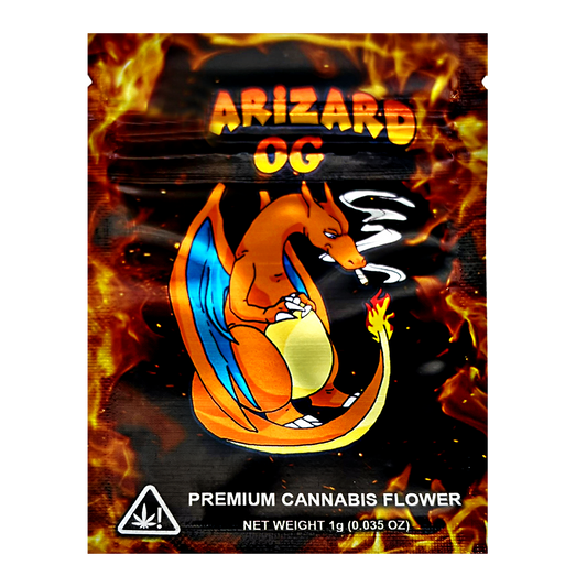 Mylar Bag herb packaging with a dragon design and 'Arizard OG' branding.