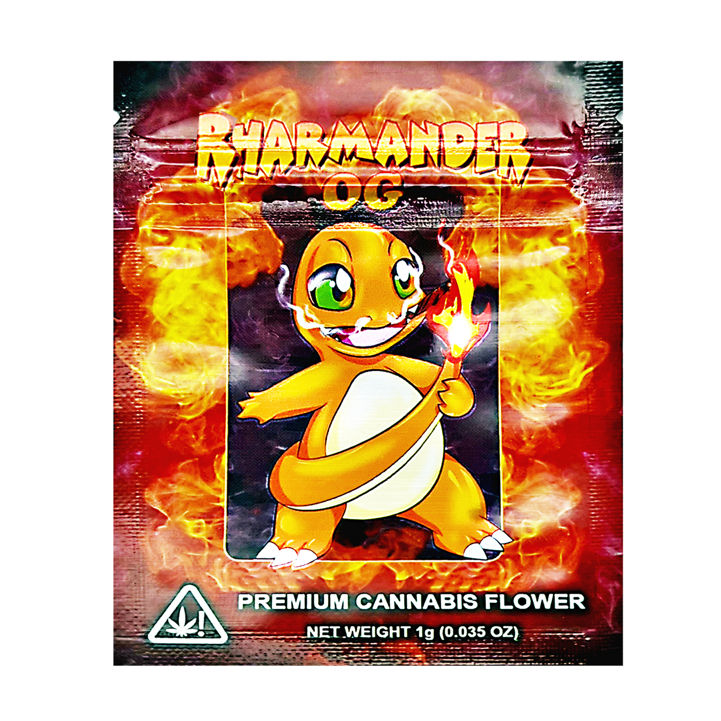 Mylar Bag Cannabis packaging with a cartoon character and fiery design