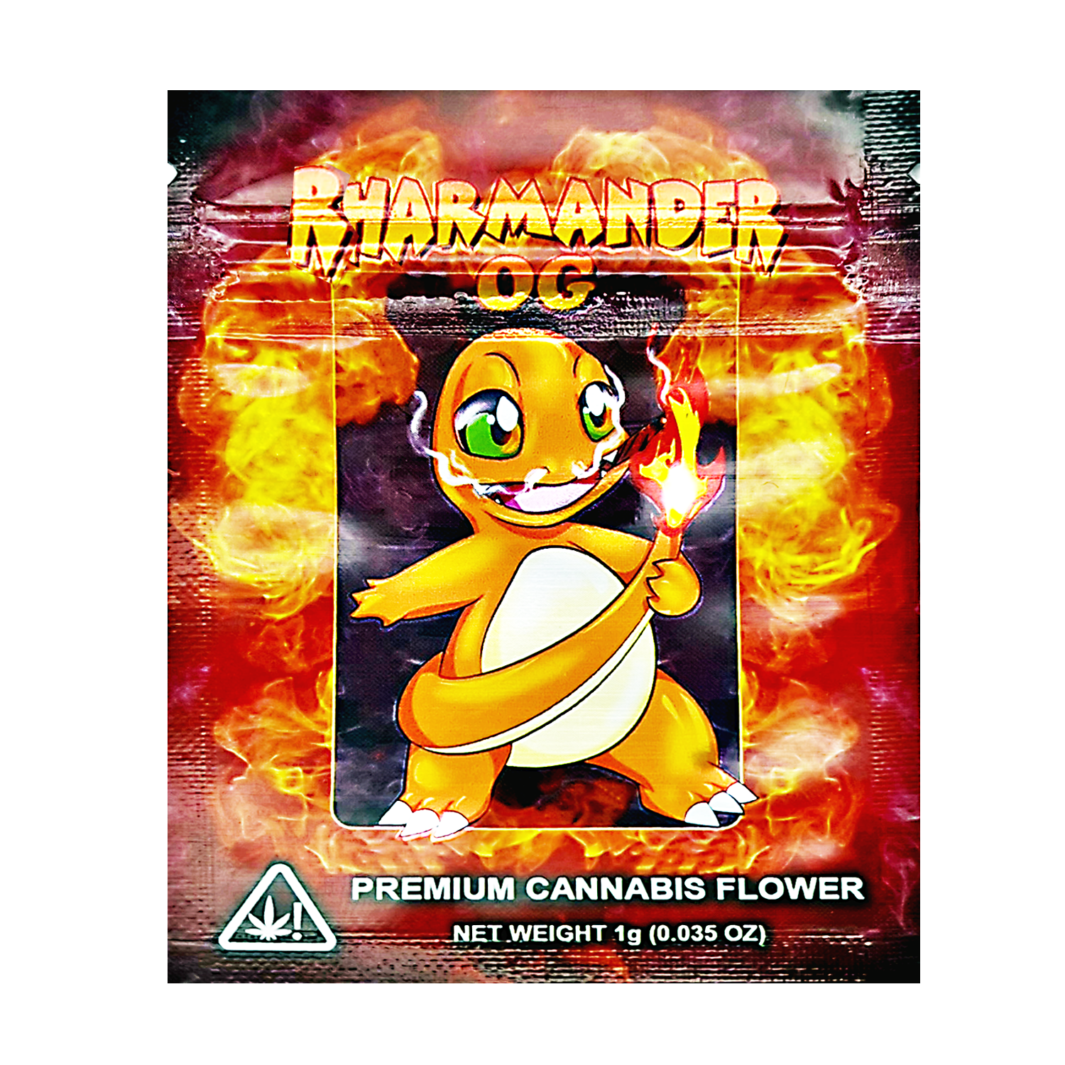 Mylar Bag herb packaging with a cartoon character and fiery design