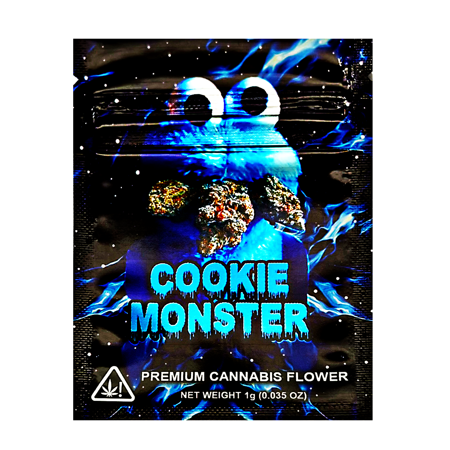 Mylar Bag Packaging of 'Cookie Monster' premium herb flower with blue and black design.