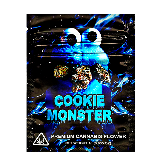 Mylar Bag Packaging of 'Cookie Monster' premium herb flower with blue and black design.