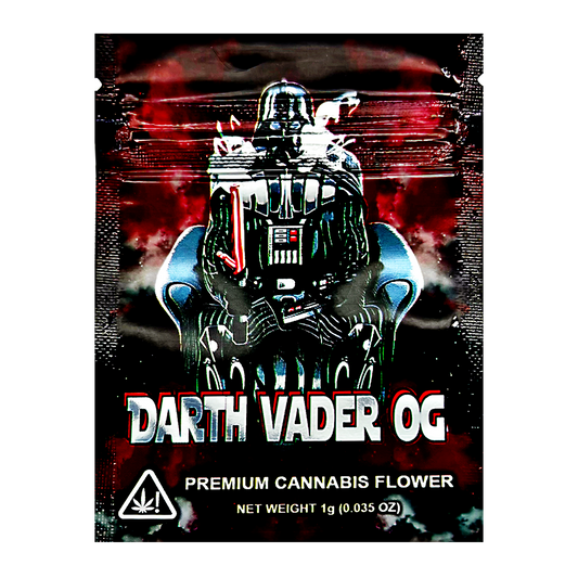 Mylar Bag herb packaging with Darth Vader design and text 'Darth Vader OG' on a dark background.