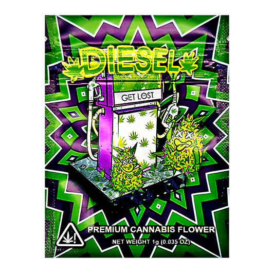 Mylar Bag herb product packaging with 'DIESEL' branding and herb imagery on a colorful geometric background.