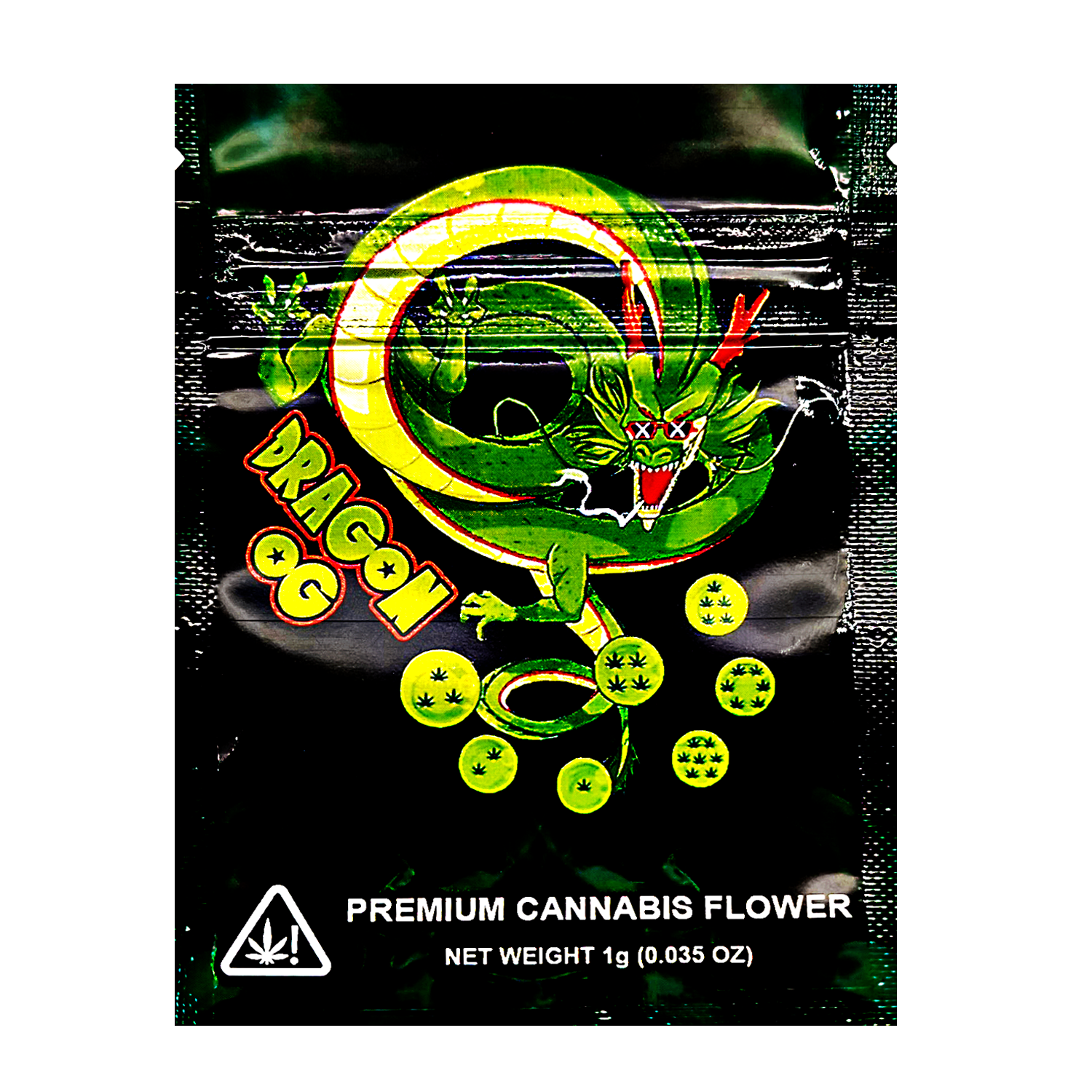 Mylar Bag herb packaging with dragon design and branding on a black background