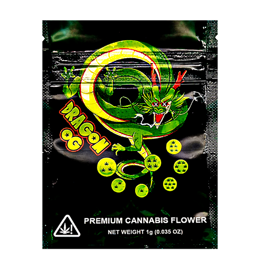 Mylar Bag herb packaging with dragon design and branding on a black background