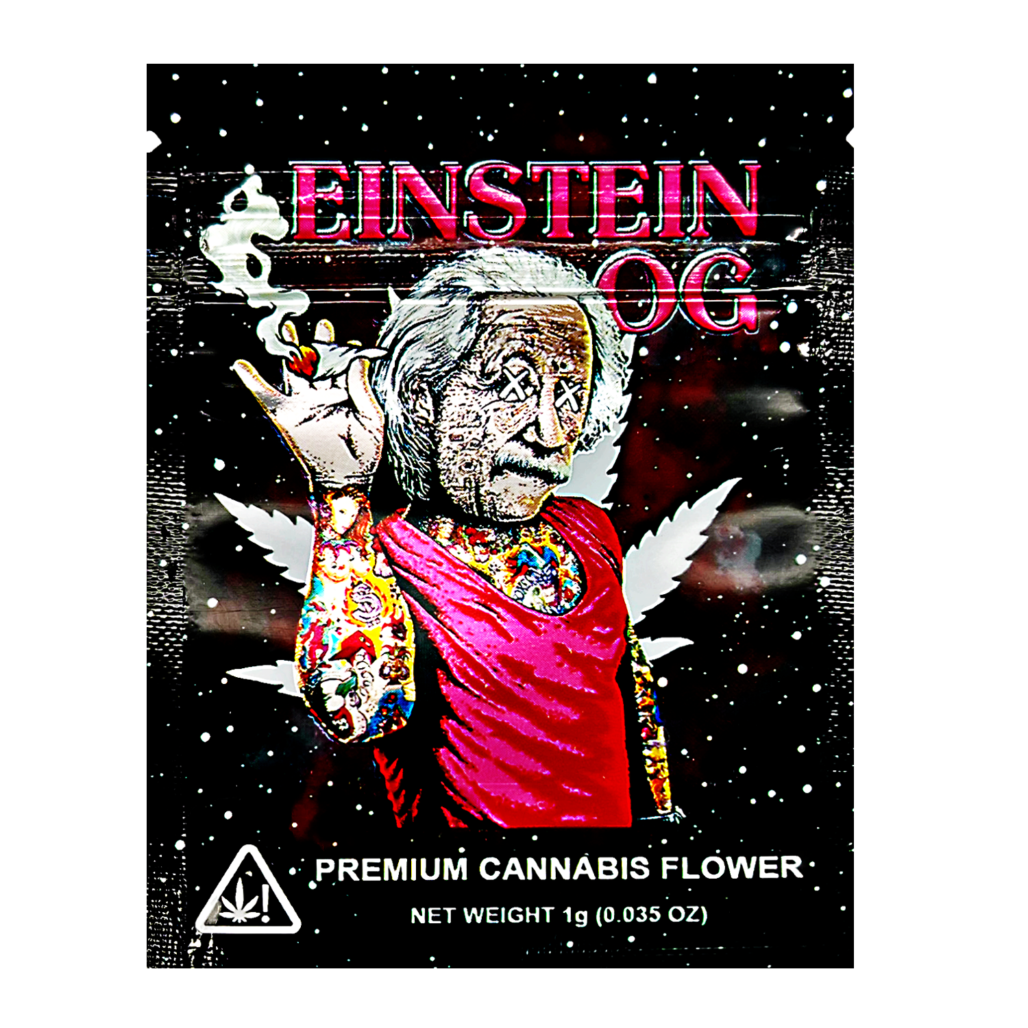 Mylar Bag herb packaging with a stylized depiction of a famous figure, featuring the brand 'Einstein OG'.