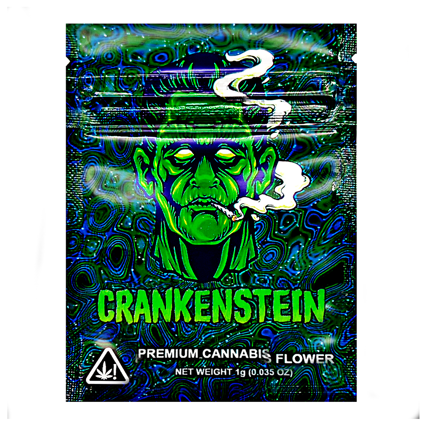 Mylar Bag Cannabis packaging with a green face design and 'Crankenstein' branding.