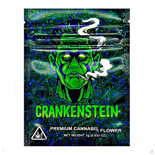 Mylar Bag herb packaging with a green face design and 'Crankenstein' branding.
