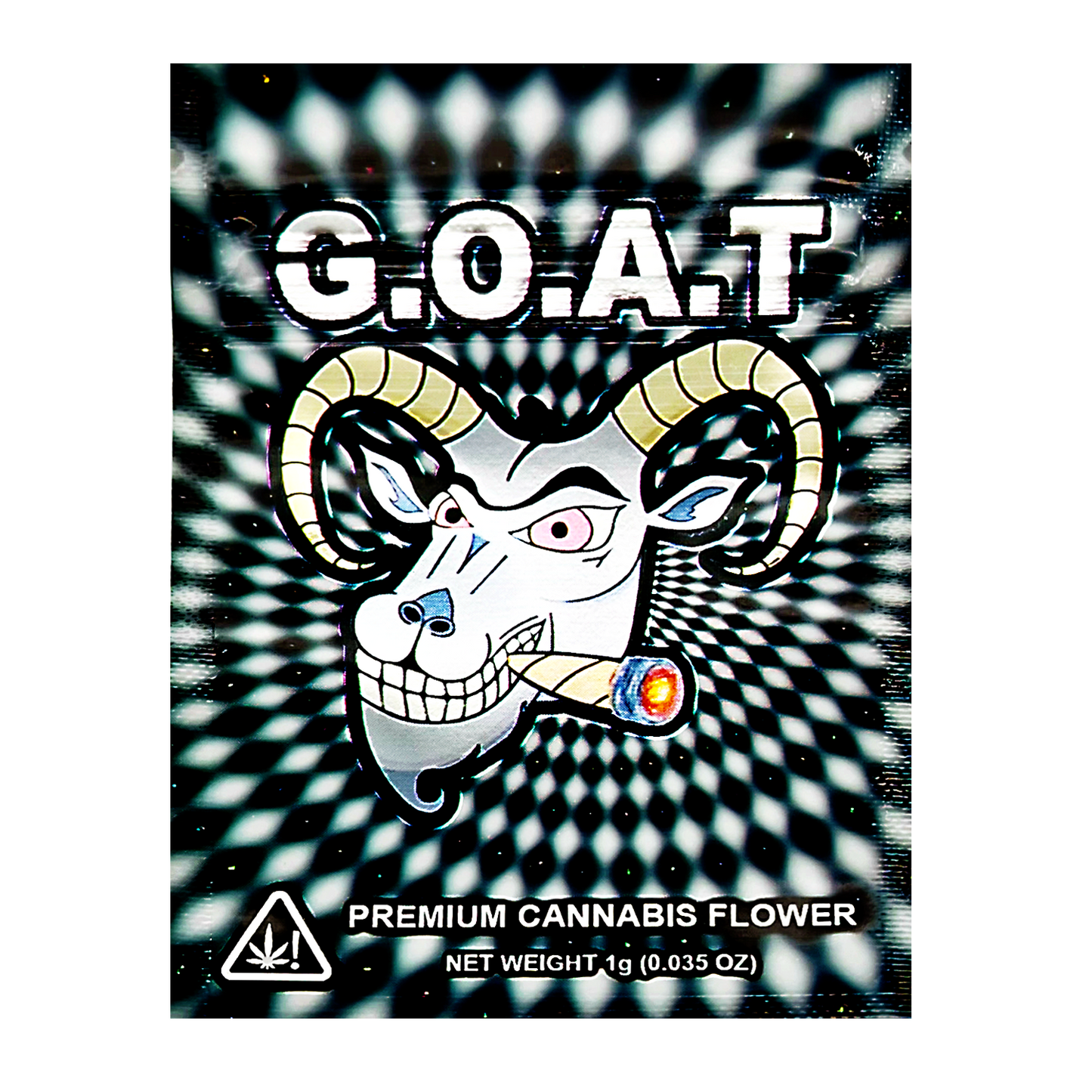 Mylar Bag G.O.A.T cannabis flower packaging with a stylized ram's head design on a black and white striped background.