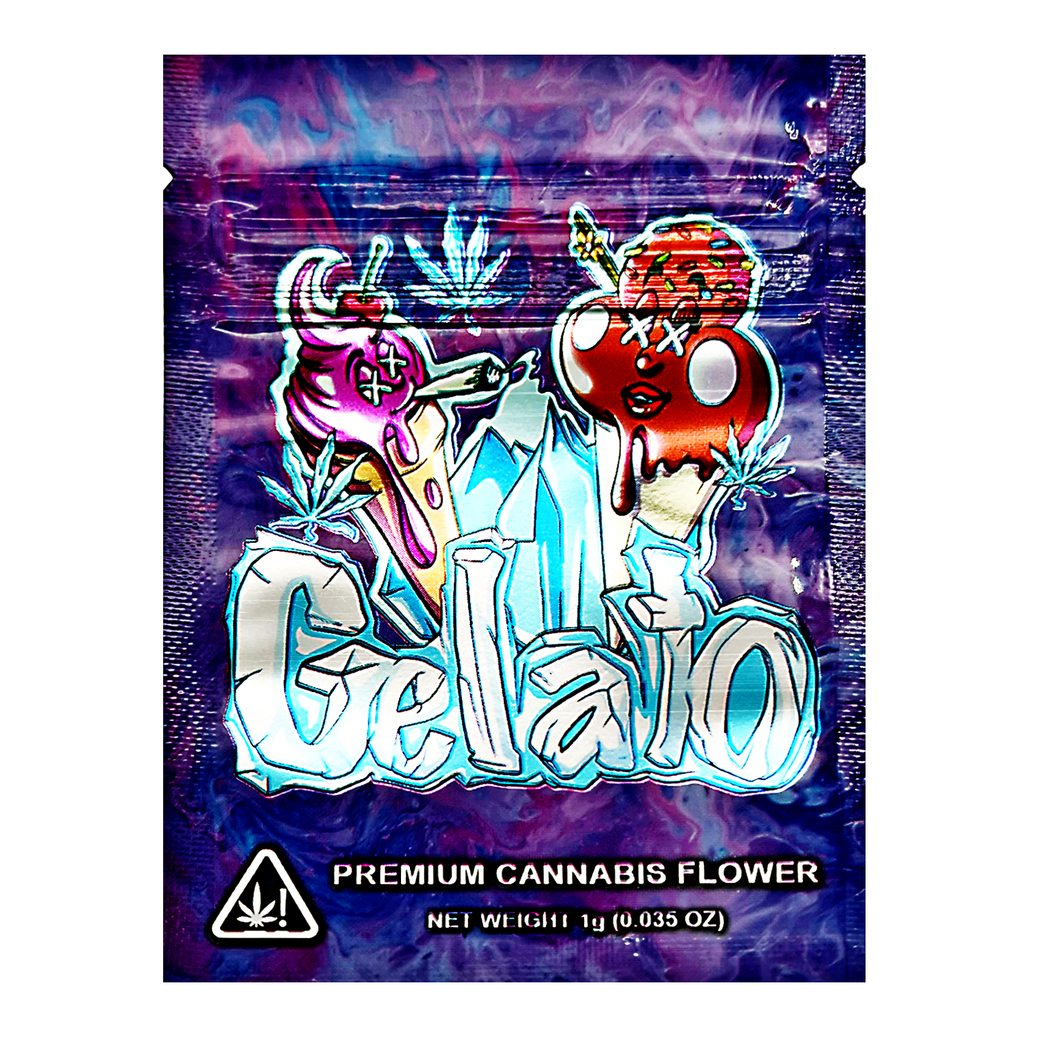 Mylar Bag Gelato premium herb flower packaging with colorful design and branding.