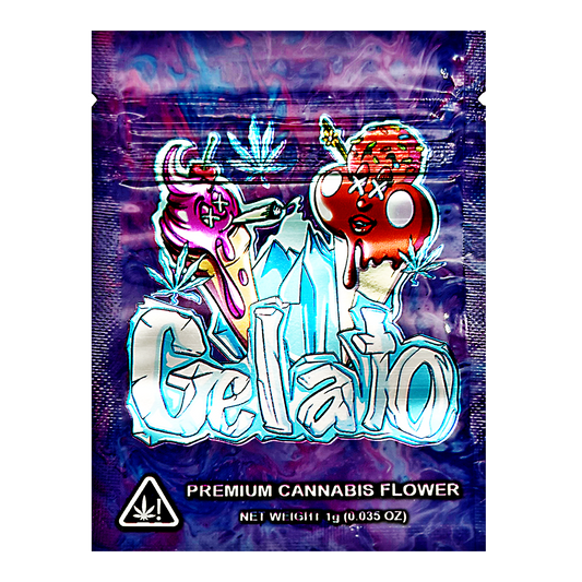 Mylar Bag Gelato premium herb flower packaging with colorful design and branding.