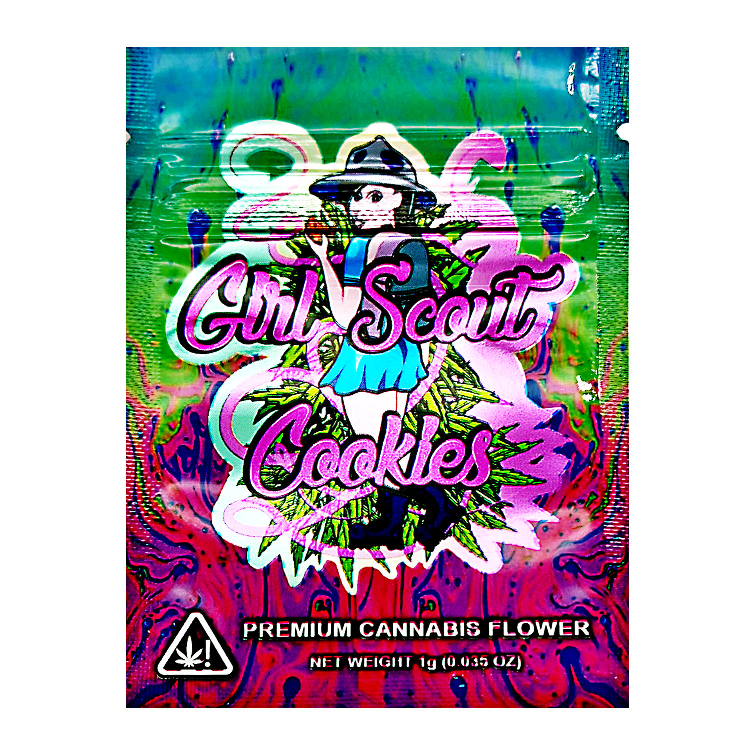 Mylar Bag Girl Scout Cookies herb packaging with colorful design and text.