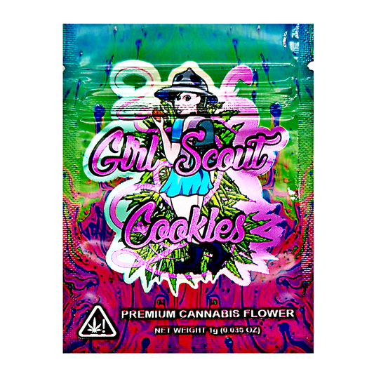 Mylar Bag Girl Scout Cookies herb packaging with colorful design and text.