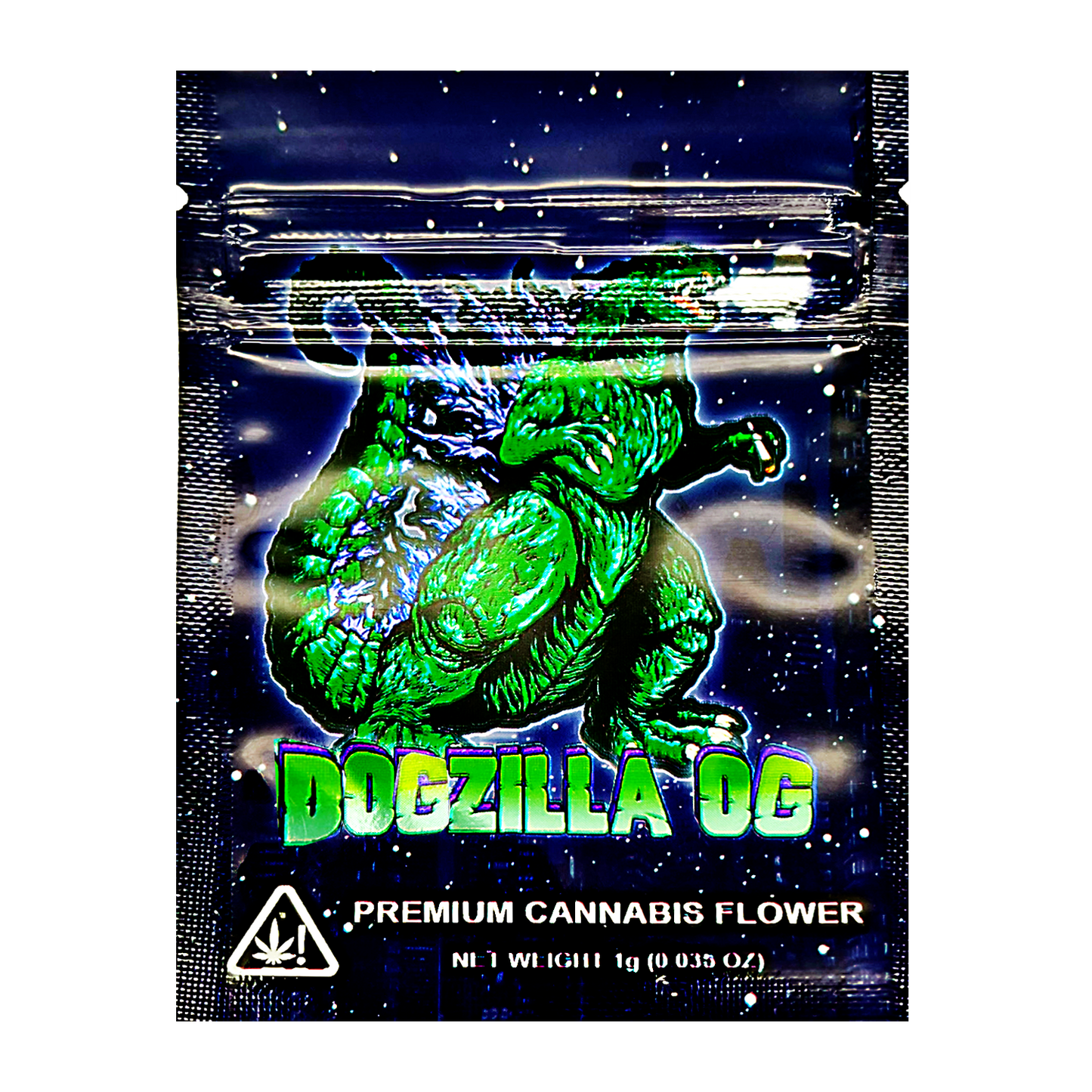 Mylar Bag Packaging of 'Dogzilla OG' premium cannabis flower with a green dinosaur illustration on a dark background.