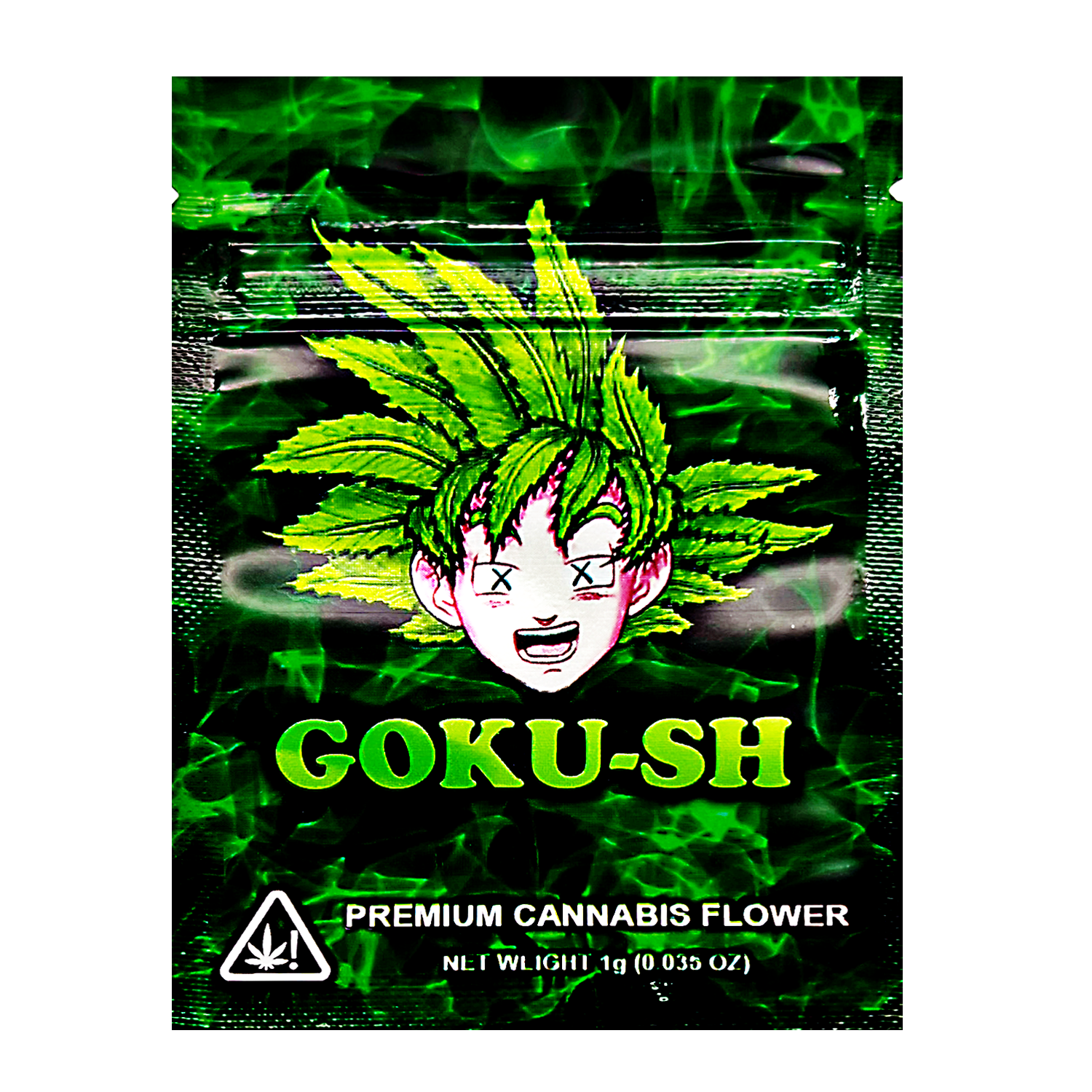 Mylar Bag Packaging of Goku-Sh premium herb flower with a character design on a green background