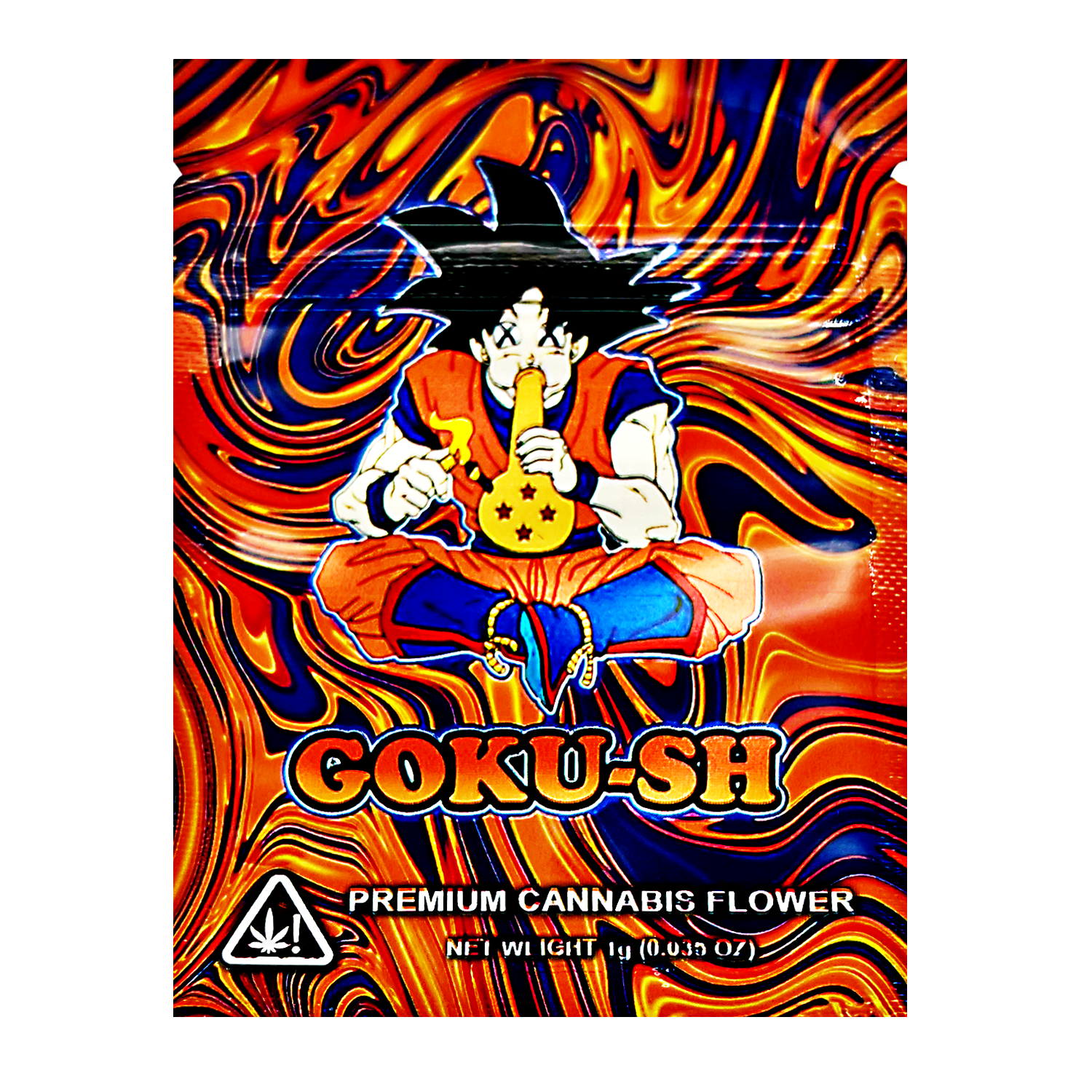 Mylar Bag herb packaging with a character holding a smoking device, labeled 'GOKU-SH'.