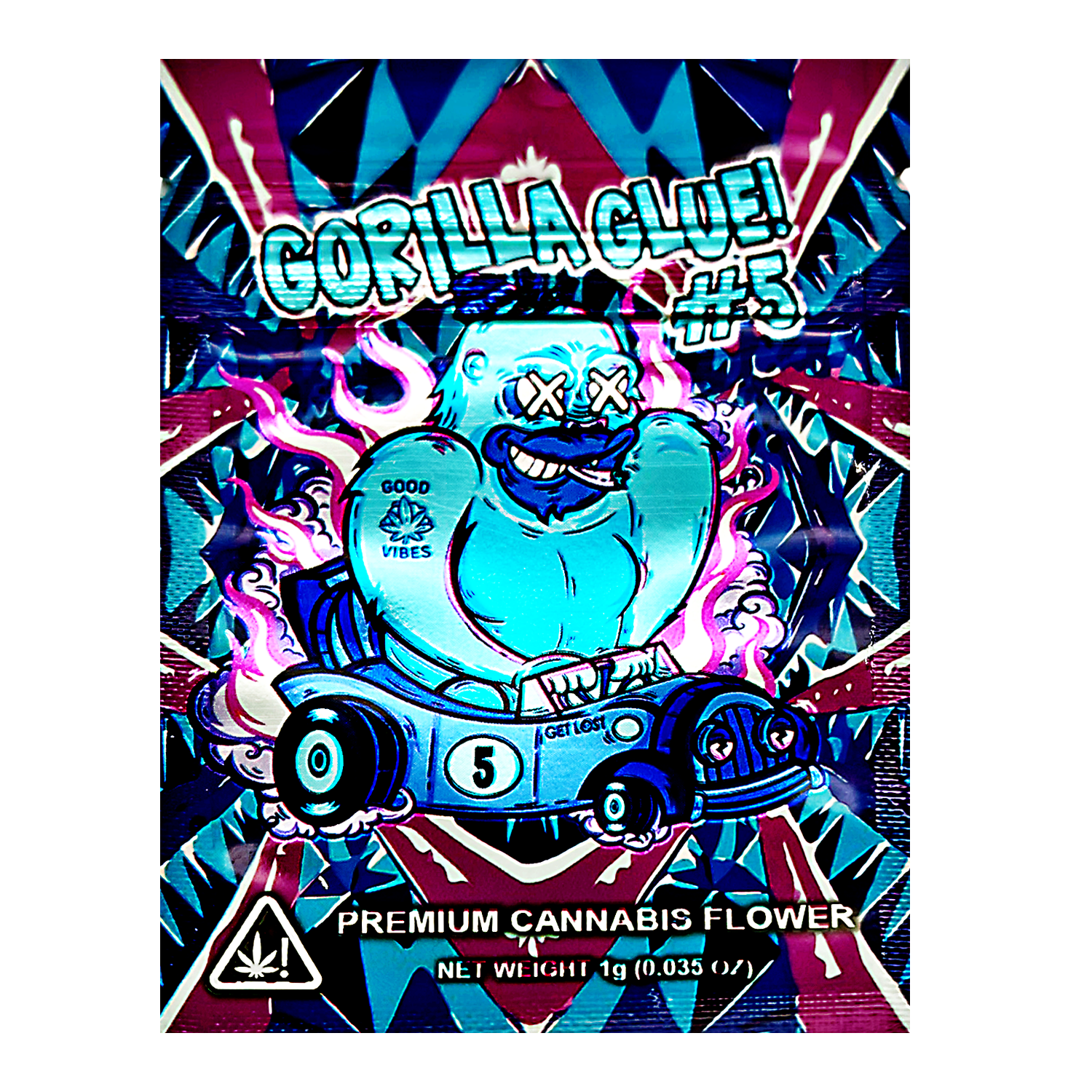 Mylar Bag Gorilla Glue #5 herb flower packaging with colorful design and cartoon character.