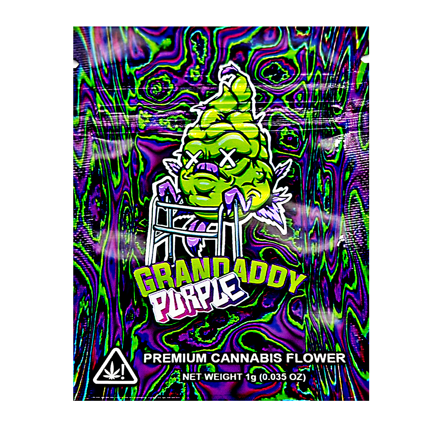 Mylar Bag Colorful packaging of Grandaddy Purple premium herb flower with a stylized face design.