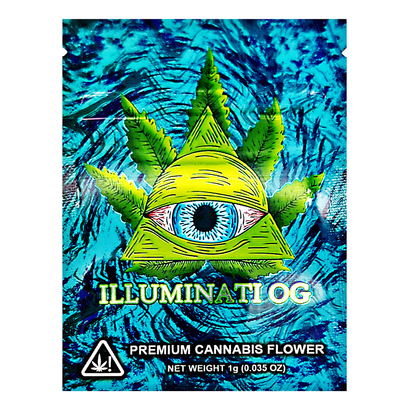 Mylar Bag Packaging of Illuminati OG premium cannabis flower with abstract blue design