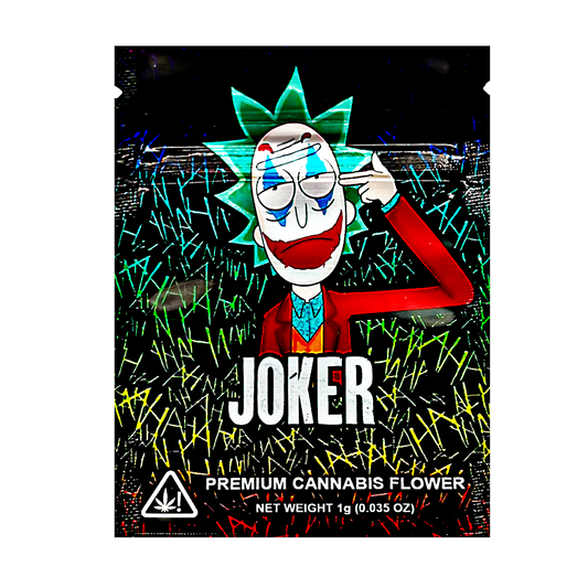 Mylar Bag herb packaging with a cartoon character design on a black background