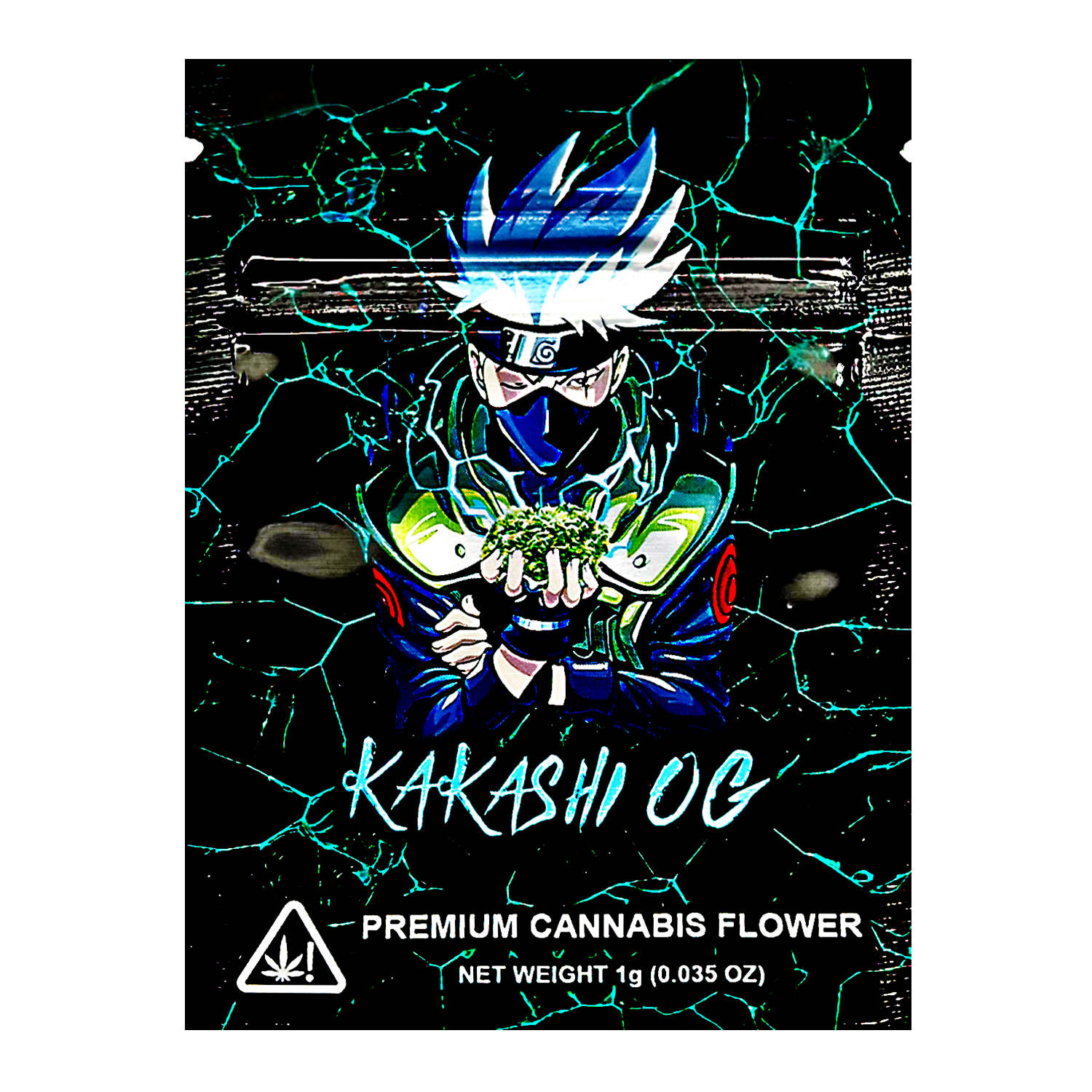 Mylar Bag herb packaging with character design and 'Kakashi OG' branding
