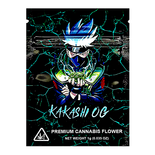 Mylar Bag herb packaging with character design and 'Kakashi OG' branding