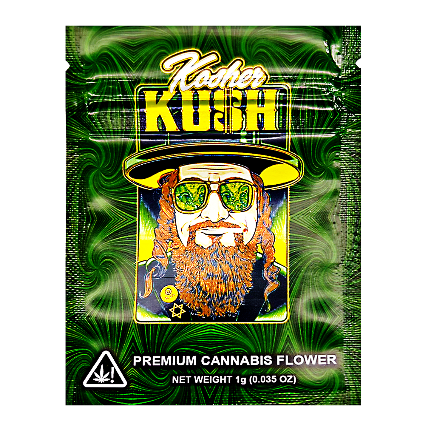 Mylar Bag Kush Kush cannabis packaging with a graphic of a bearded figure wearing sunglasses and a hat.
