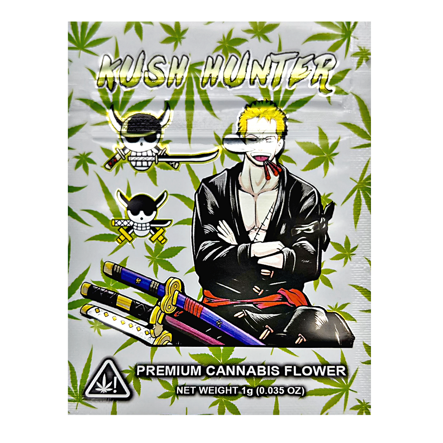 Mylar Bag Cannabis packaging with character design and 'Kush Hunter' branding on a green leaf patterned background.