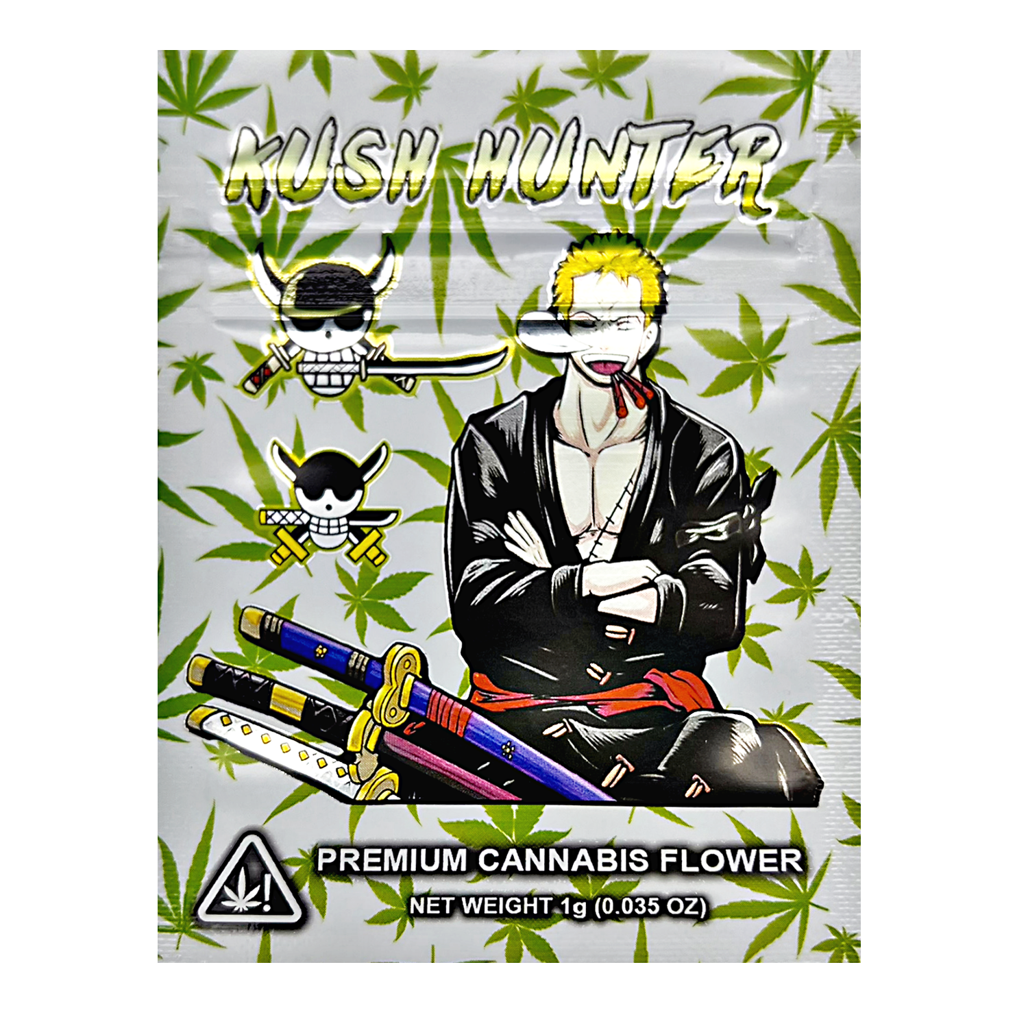 Mylar Bag herb packaging with character design and 'Kush Hunter' branding on a green leaf patterned background.