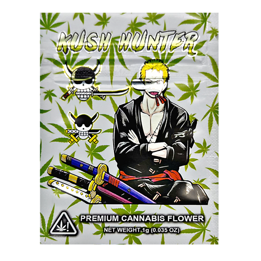 Mylar Bag herb packaging with character design and 'Kush Hunter' branding on a green leaf patterned background.