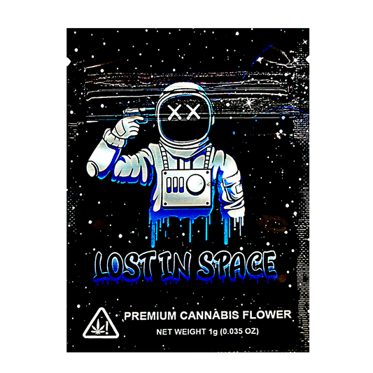 Mylar Bag herb flower packaging with an astronaut design and 'Lost in Space' branding.