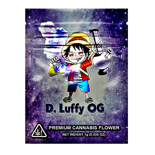 Mylar Bag herb product packaging with a character design on a purple background