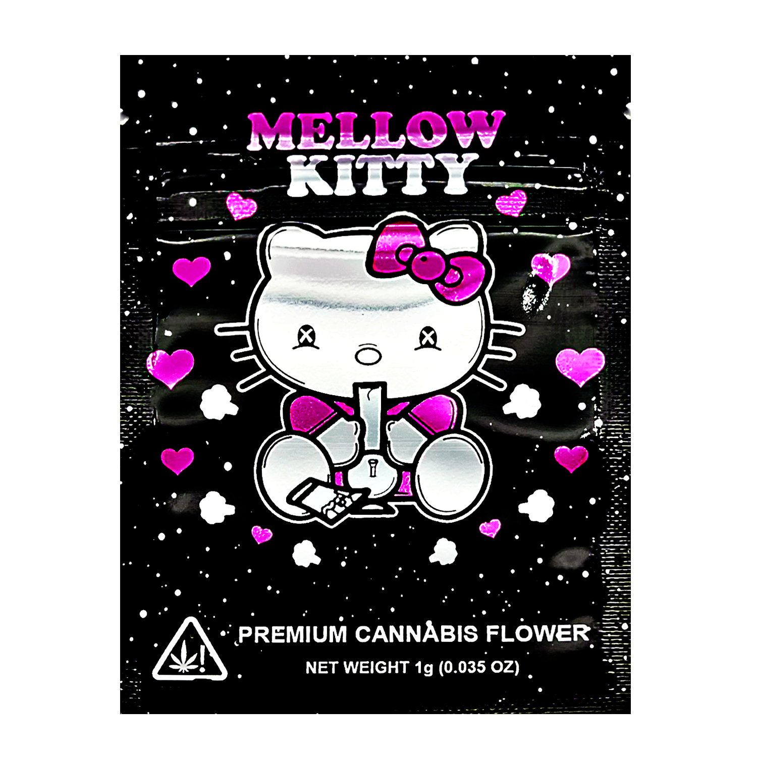 Mylar Bag Mellow Kitty branded herb flower packaging with a black background and pink hearts.