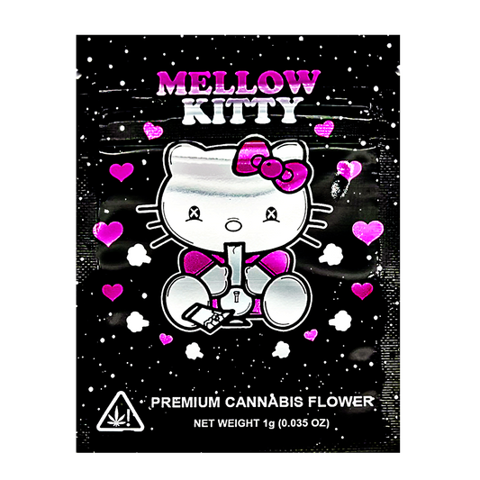 Mylar Bag Mellow Kitty branded herb flower packaging with a black background and pink hearts.