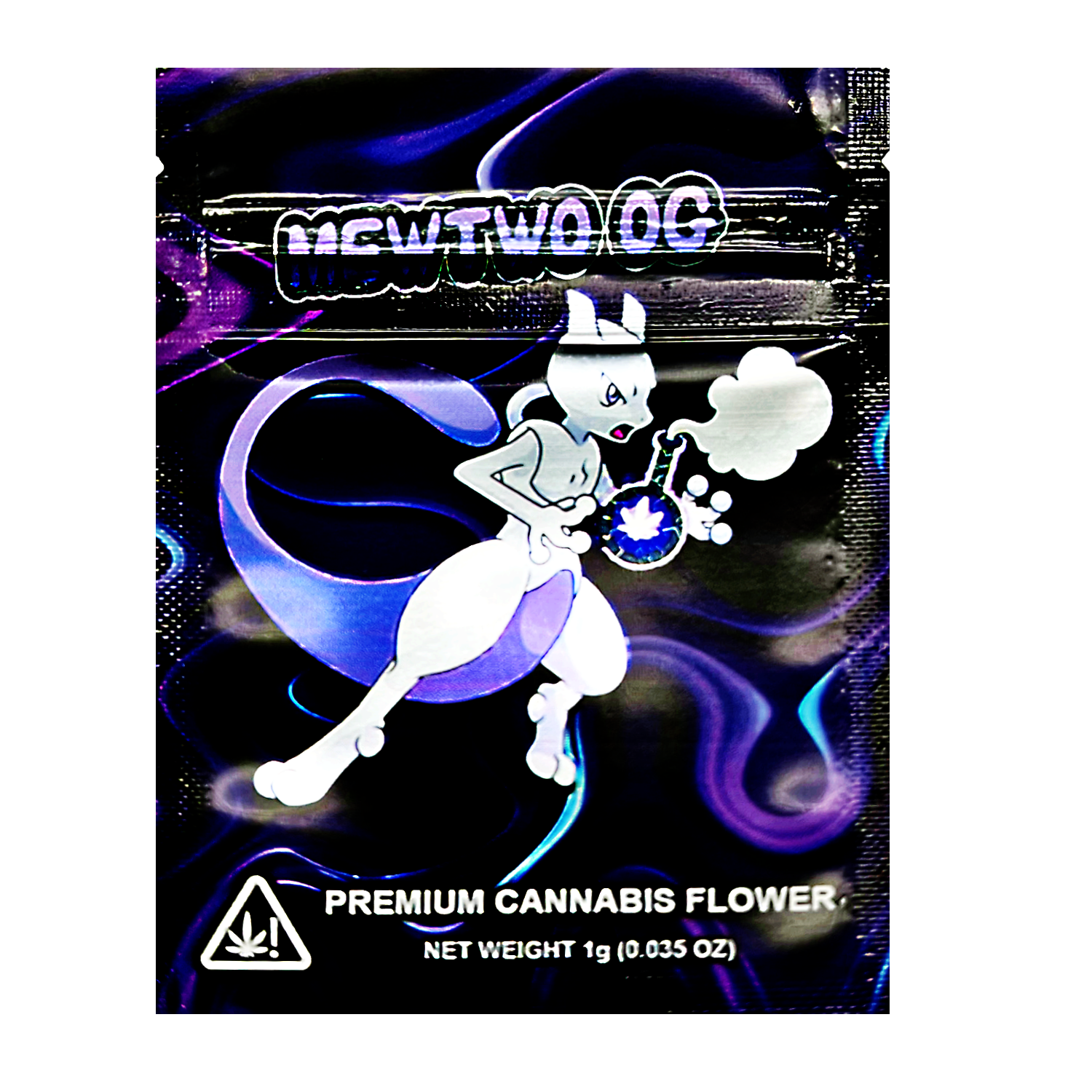 Mylar Bag herb packaging with a cartoon character and 'MEWTWO OG' branding on a dark background.