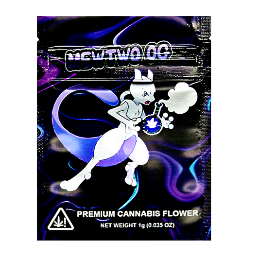 Mylar Bag herb packaging with a cartoon character and 'MEWTWO OG' branding on a dark background.