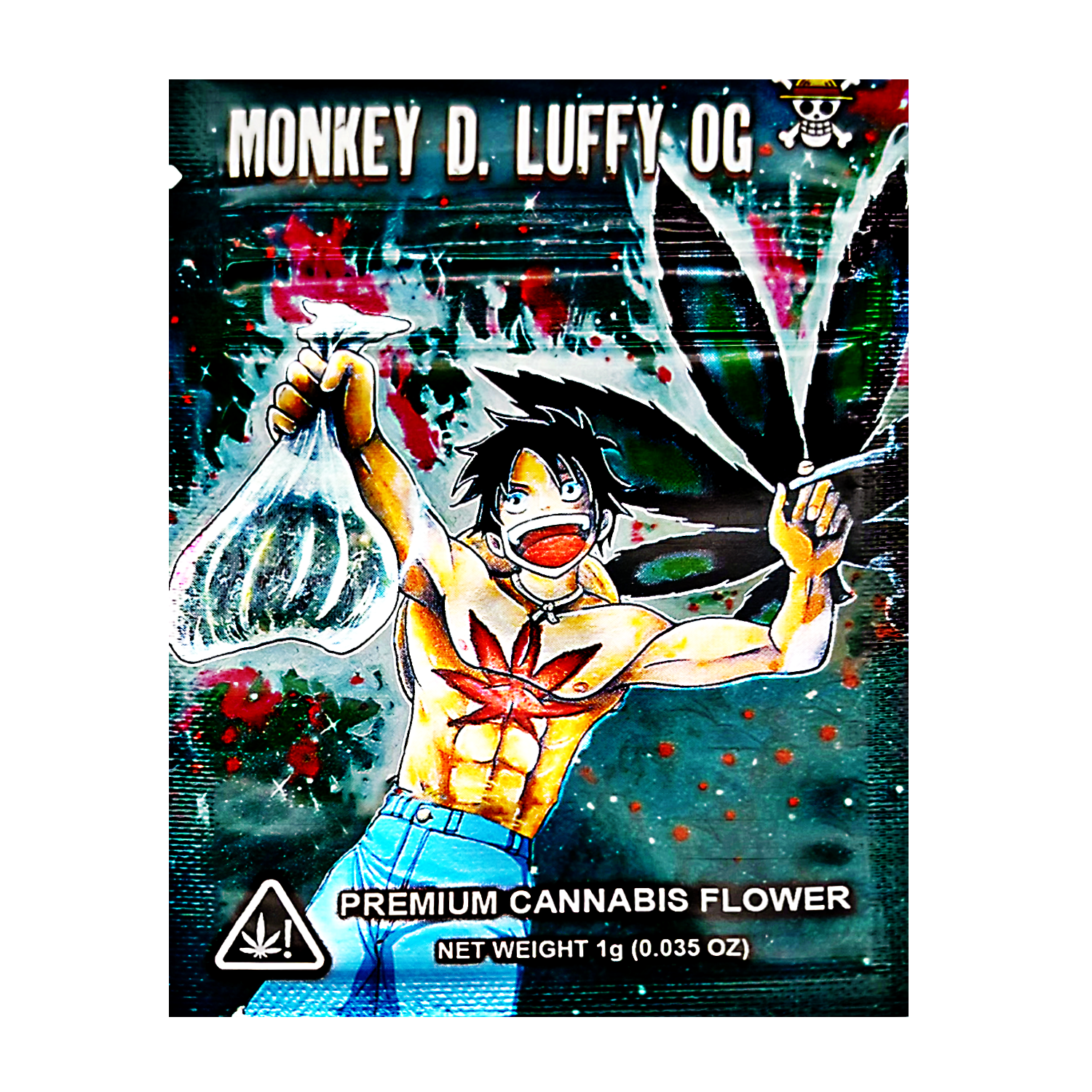 Mylar Bag herb packaging with an illustration of a character holding a bag of herb, featuring the brand 'Monkey D. Luffy OG'.