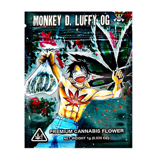 Mylar Bag herb packaging with an illustration of a character holding a bag of herb, featuring the brand 'Monkey D. Luffy OG'.