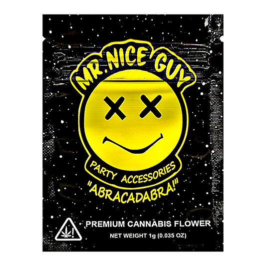 Mylar Bag herb flower packaging with yellow smiley face and text on a black background