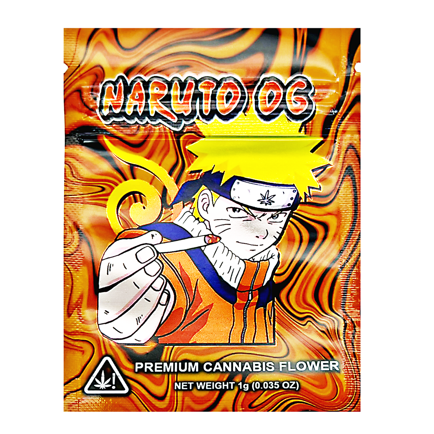 Mylar Bag Cannabis packaging with Naruto design on a white background