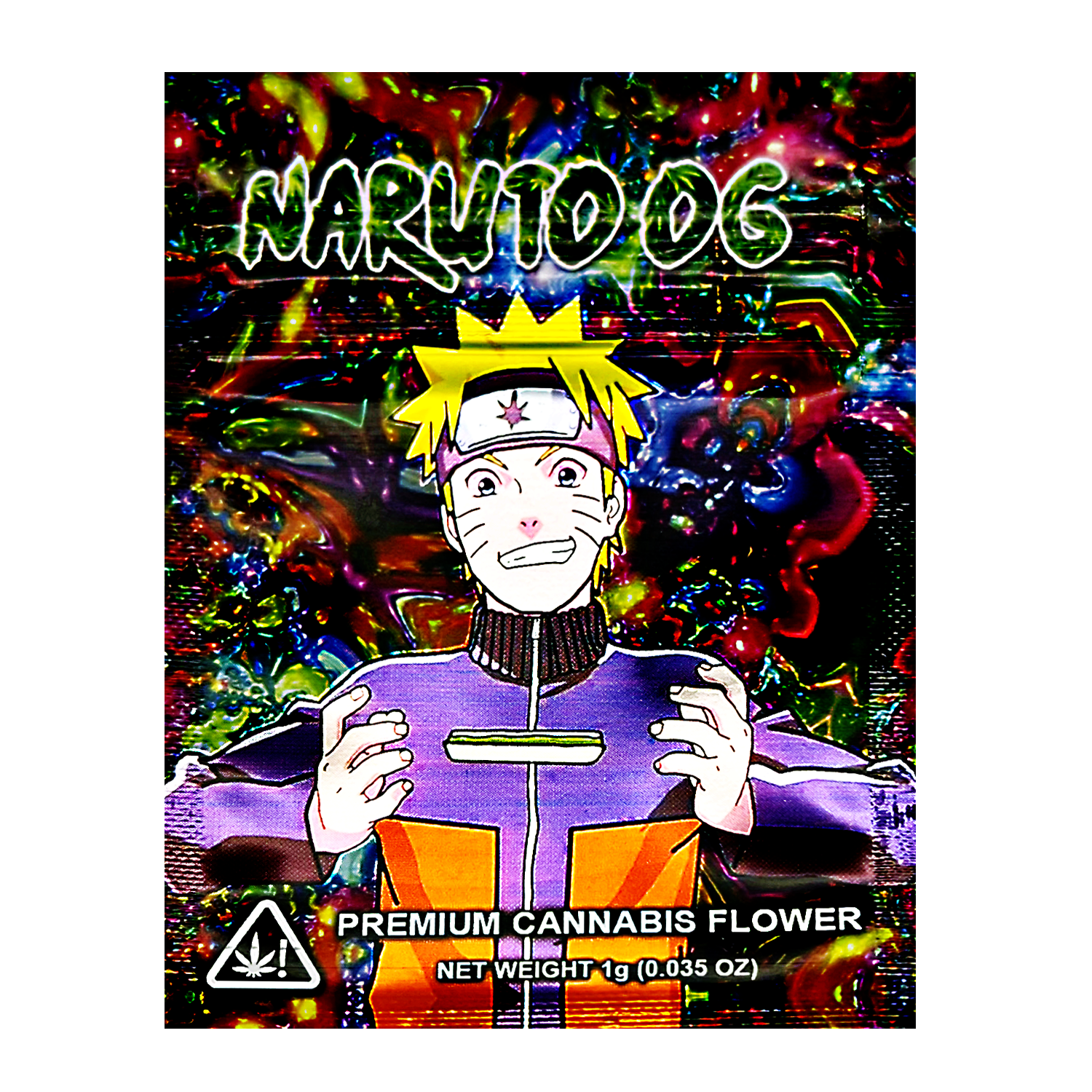 Mylar Bag herb product packaging with a character design on a colorful background