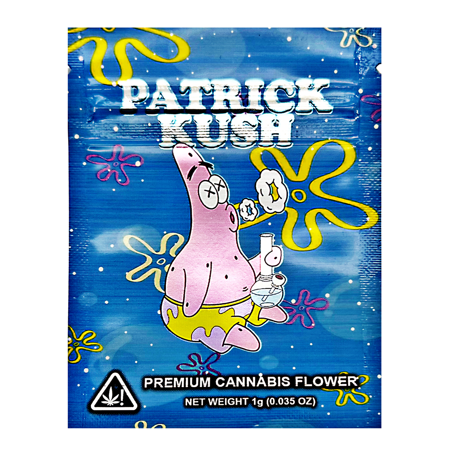 Mylar Bag Cannabis flower packaging with Patrick Star from 'SpongeBob SquarePants' on a blue background.