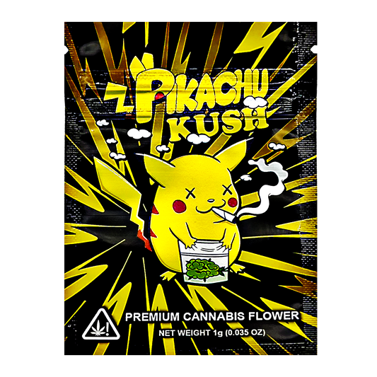 Mylar Bag Pikachu Kush herb flower packaging with Pikachu smoking a joint on a black and yellow background.