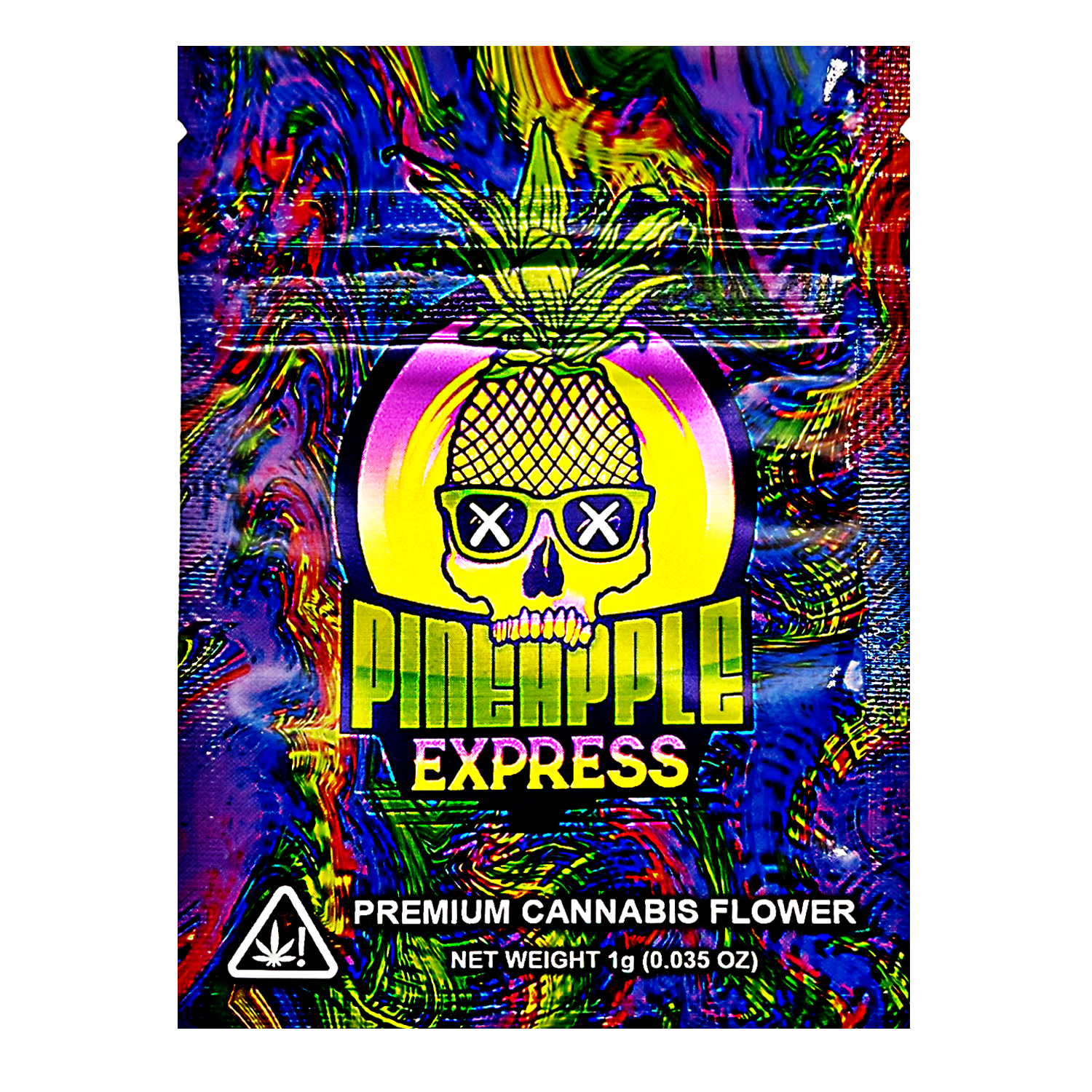 Mylar Bag Colorful packaging of Pineapple Express premium herb flower with a pineapple and skull design.