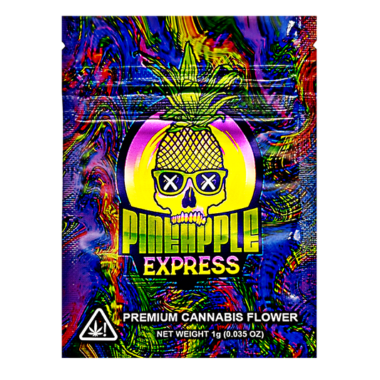 Mylar Bag Colorful packaging of Pineapple Express premium herb flower with a pineapple and skull design.