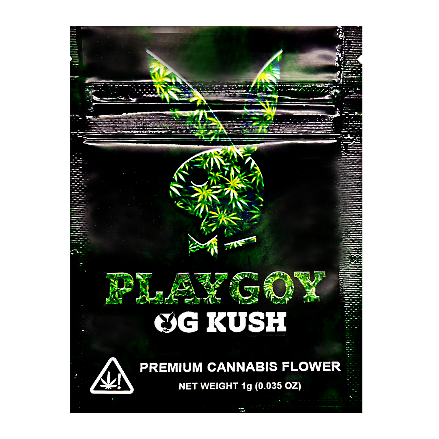 Mylar Bag Playboy OG Kush cannabis flower packaging with green leaf design on a black background