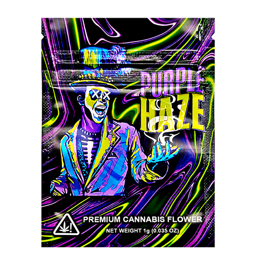 Mylar Bag herb packaging with a colorful design and 'Purple Haze' text.
