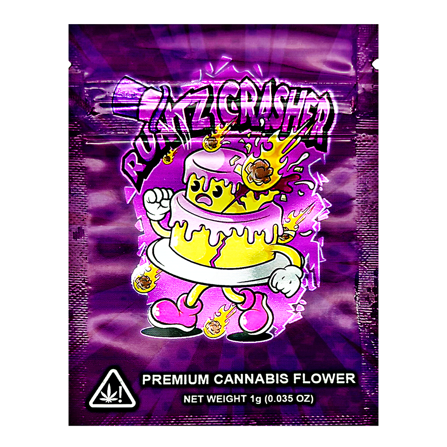 Mylar Bag Purple packaging of 'Buzzed Crashen' premium cannabis flower with cartoon character and cannabis icon.